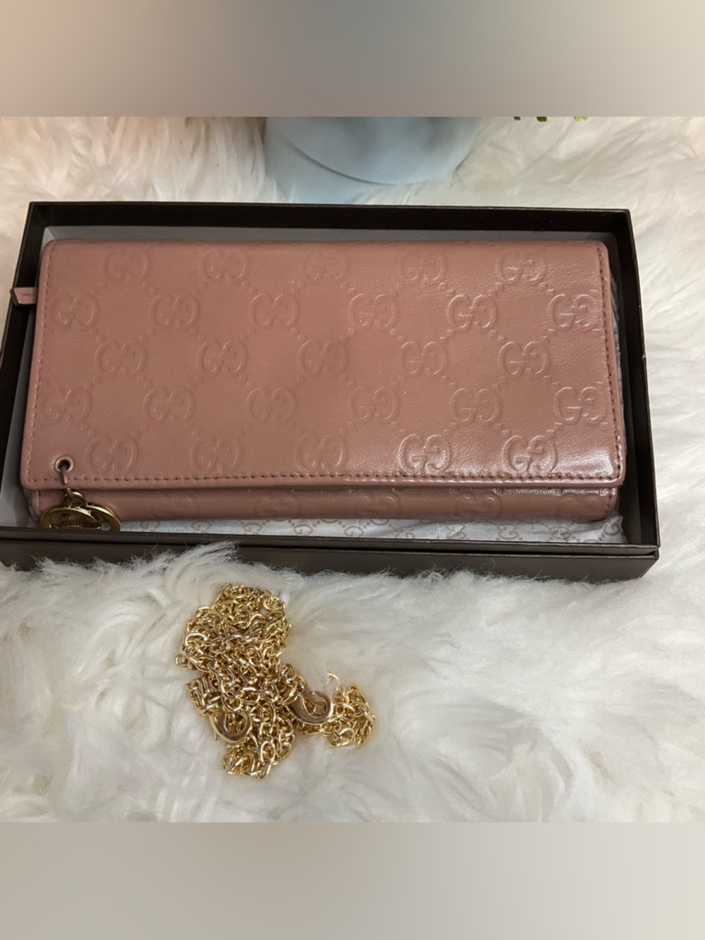 Gucci Blush Pink Embossed Leather Wallet with Gold Chain